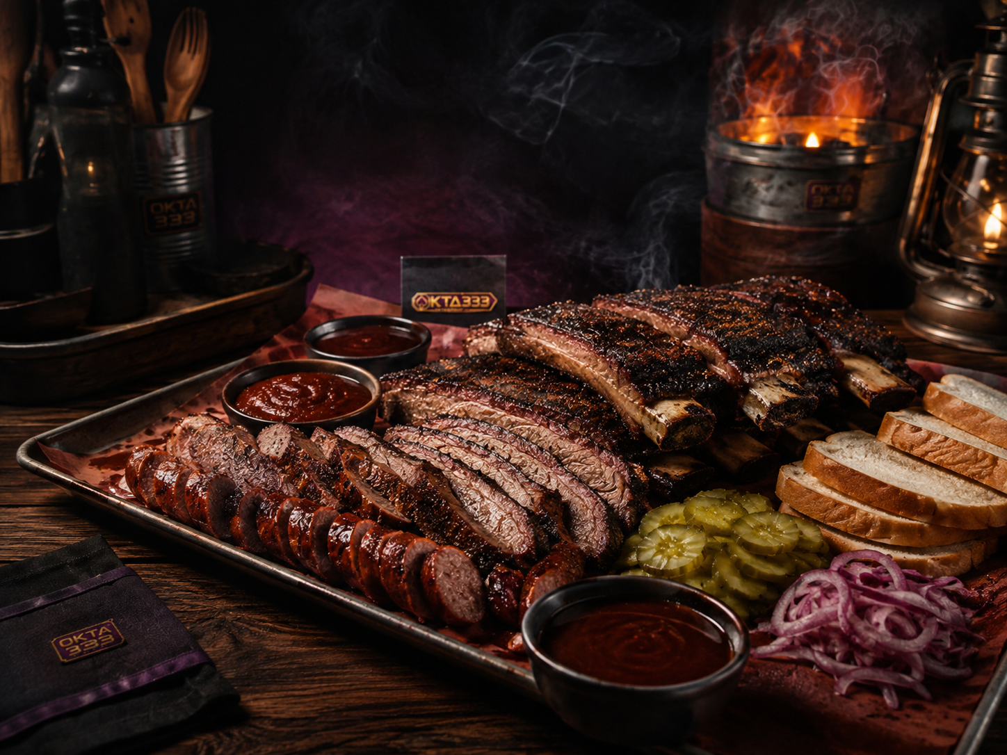 Smokehouse platter berisi brisket, ribs, sosis, roti, acar, dan saus