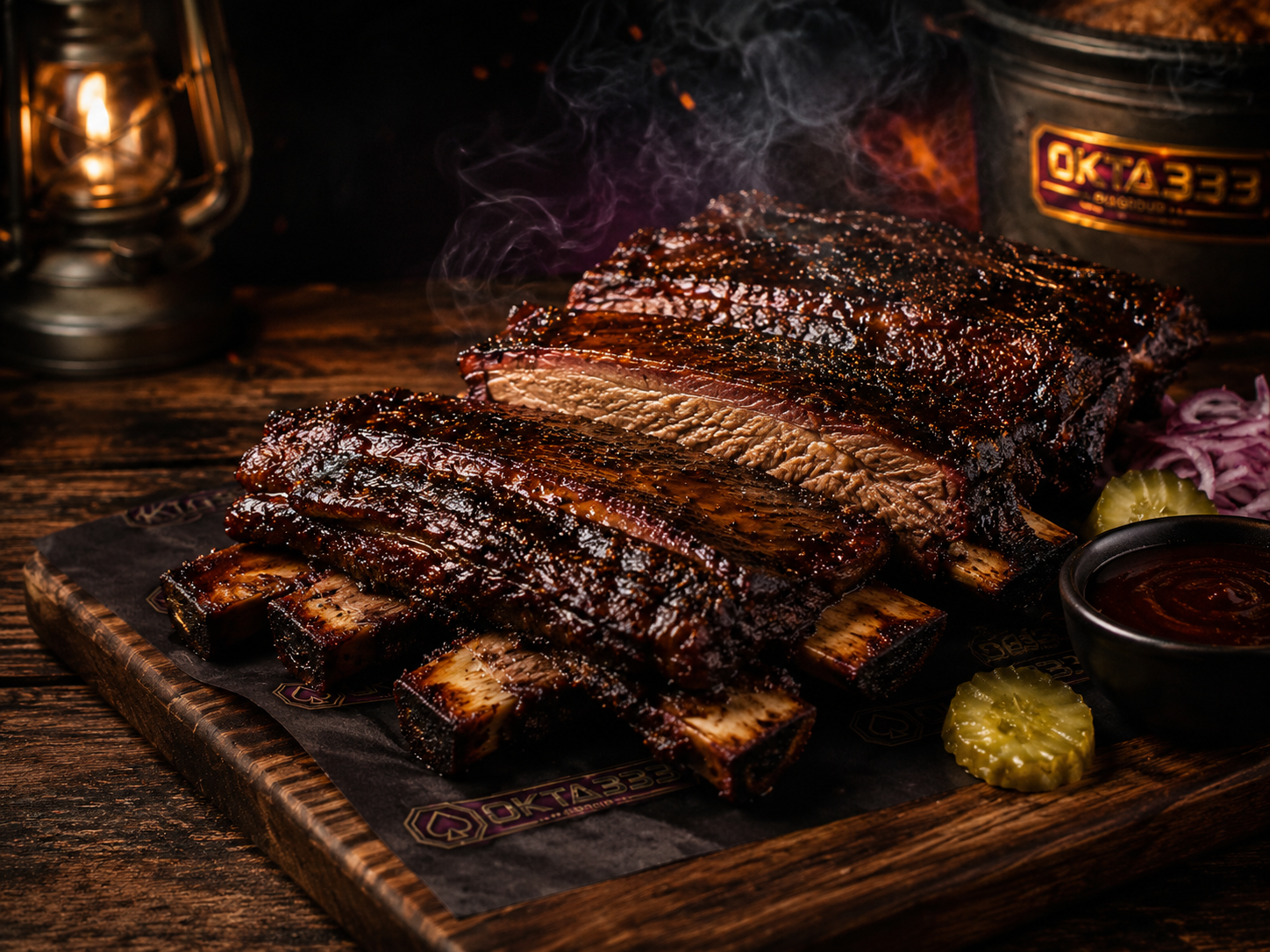 Beef ribs barbeque dengan glaze gelap dan asap